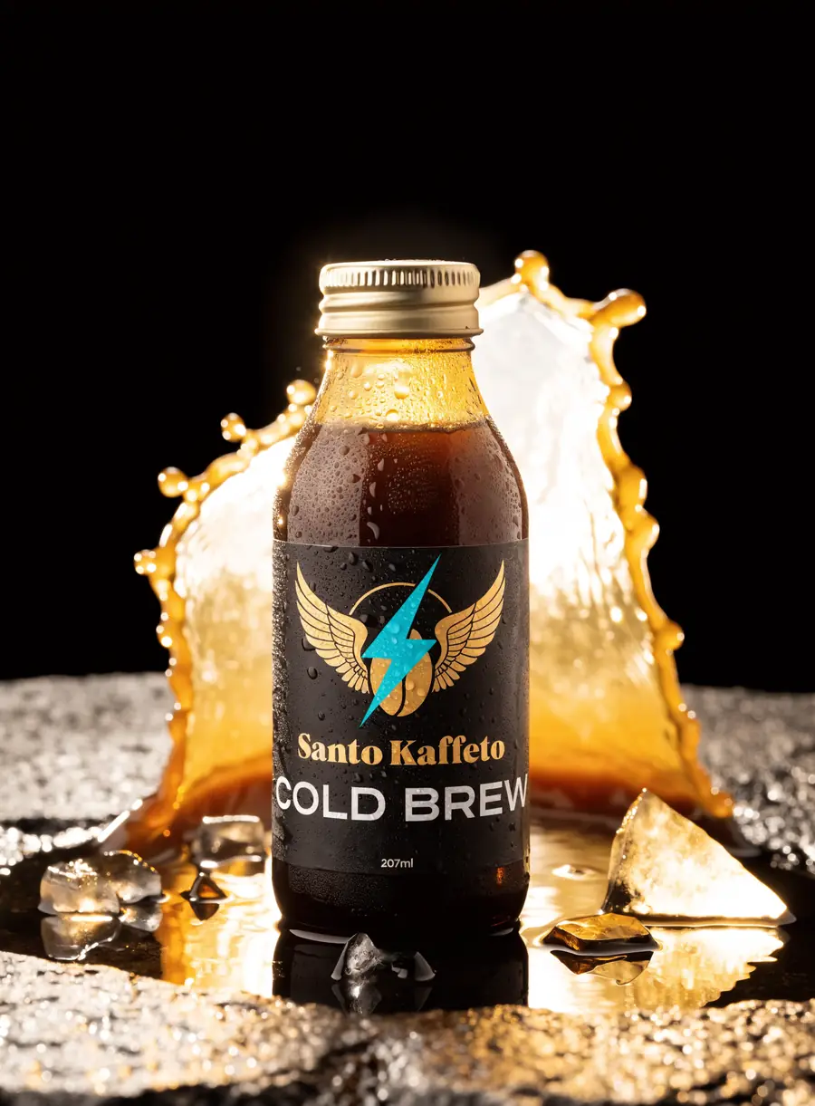 Botella ámbar de cold brew con rayo turquesa en la etiqueta