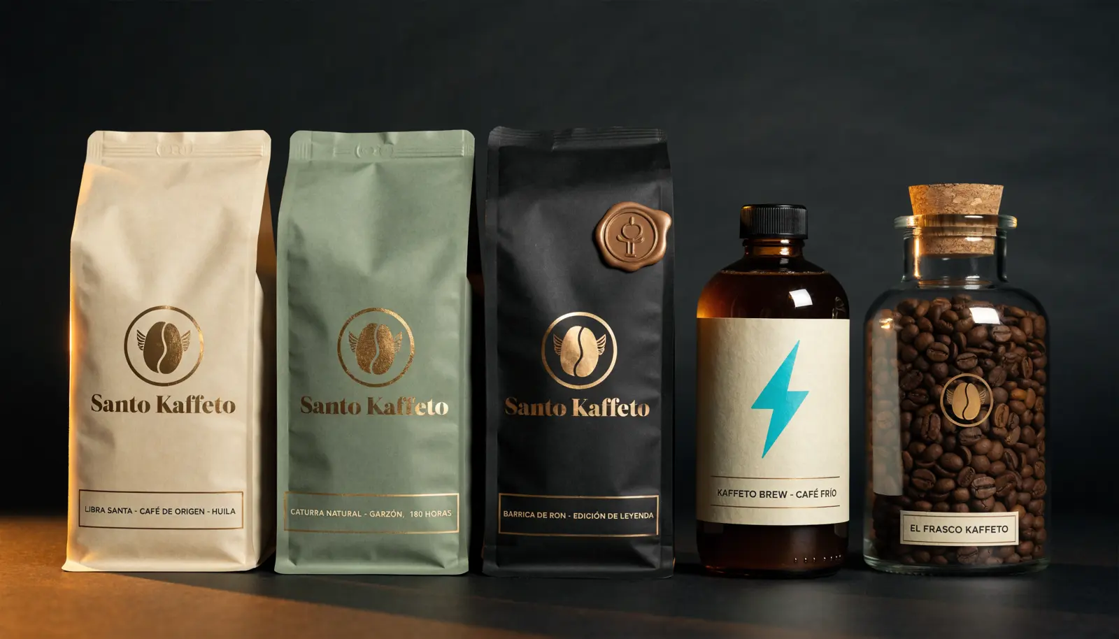 La familia Santo Kaffeto: Libra Santa, Caturra, Barrica de Ron, Kaffeto Brew y el Frasco, alineados sobre fondo negro
